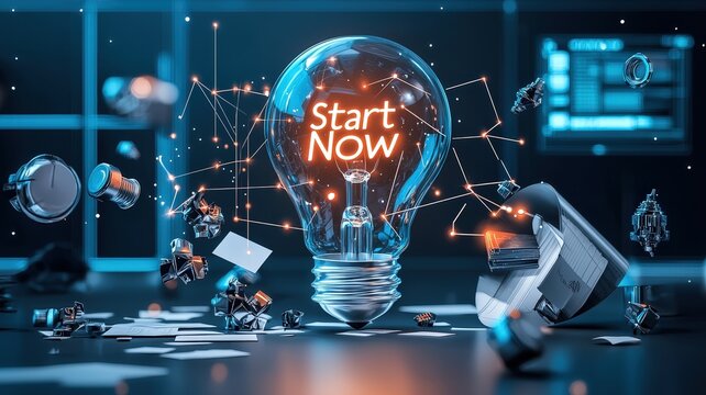 start now concept. A glowing light bulb with "Start Now" illuminates a creative workspace filled with technology and inspiration.