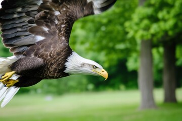 Bald Eagle flying. bird of prey against autumn background, Mountain View sky and tree, yellow grass and forest