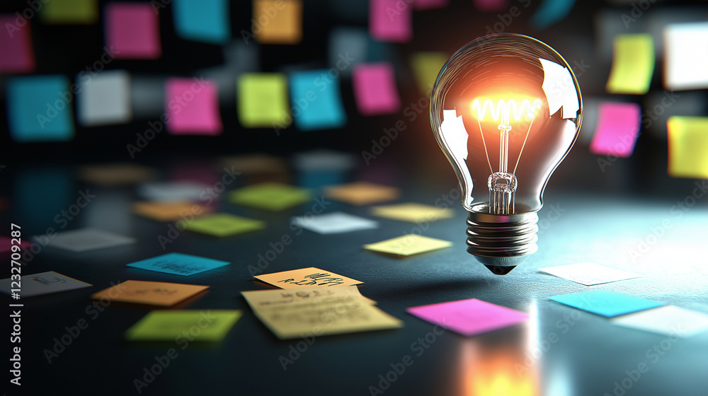 Poster a glowing lightbulb in a brainstorming session, with post-its and charts surrounding the symbol of c