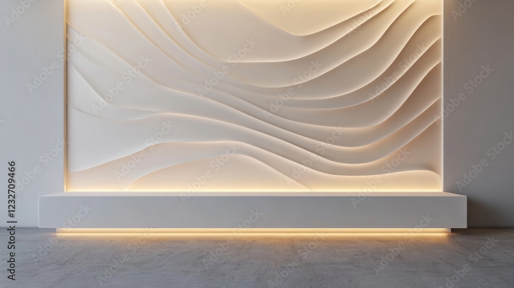 Poster modern minimalist wall panel with wave design and subtle lighting.