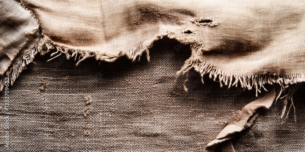 Poster close up of frayed brown burlap fabric with visible threads and holes, creating a grunge texture bac