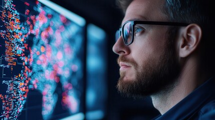 Predictive analytics optimizes supply chain management. Focused man analyzing a digital world map displaying data insights.