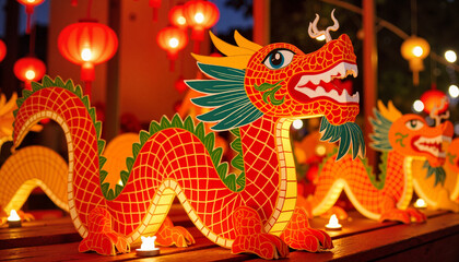 Fototapeta premium Colorful paper dragon centerpiece glowing at festival, cultural celebration