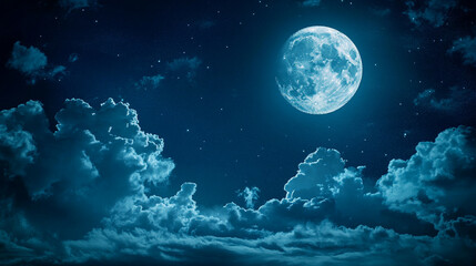 Bright full moon illuminating a cloud-filled night sky over the horizon