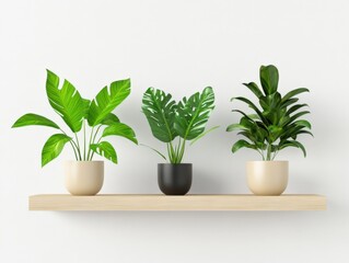 three potted plants on a wooden shelf against a white wall