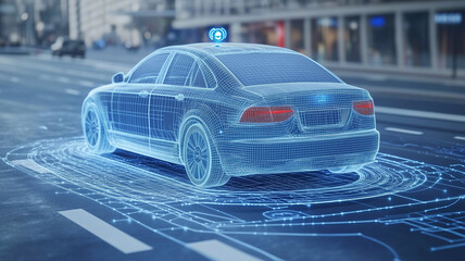 Autonomous car on road with advanced technology and sensors, showcasing futuristic design and digital interface. vehicle represents innovation in transportation