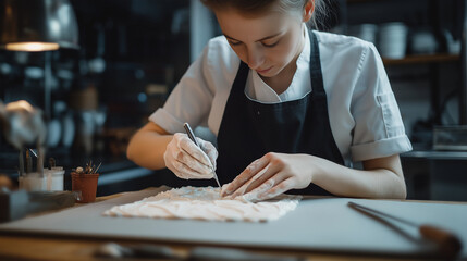 Fototapeta premium A pastry chef working with fondant to cover a cake, with detailed tools and designs in a professional kitchen.