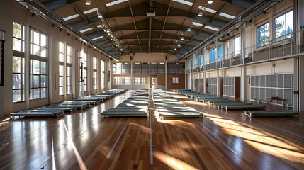Obraz premium Sunlit Rows of Cots in a Large, Window-Lined Hall