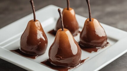 Four chocolate-covered pears on a white square plate.