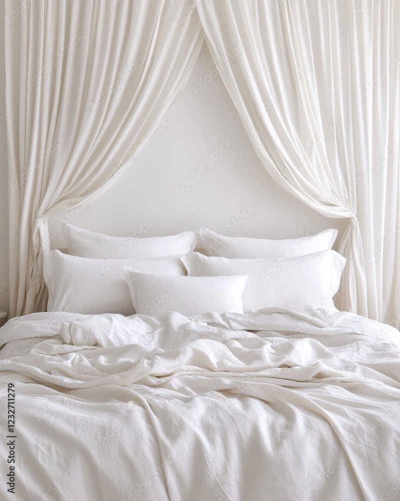 Poster a serene bedroom scene featuring a neatly arranged white bed with plush pillows and soft drapes, cre