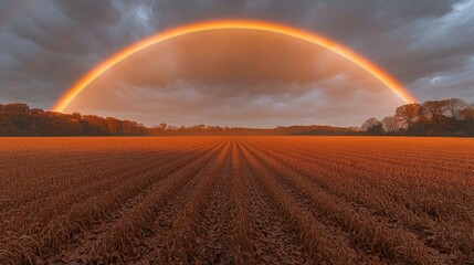 Obraz premium Autumnal field, rainbow arc, sunset, storm clouds, rural landscape, nature photography
