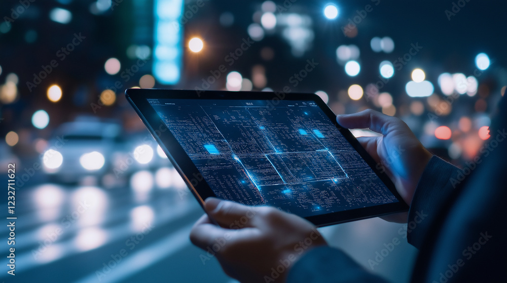 Poster a person interacting with a tablet displaying a smart city map, with real-time data about traffic an