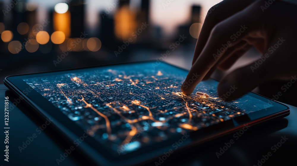Poster a focused shot of a tablet displaying an interactive map with city landmarks and infrastructure proj