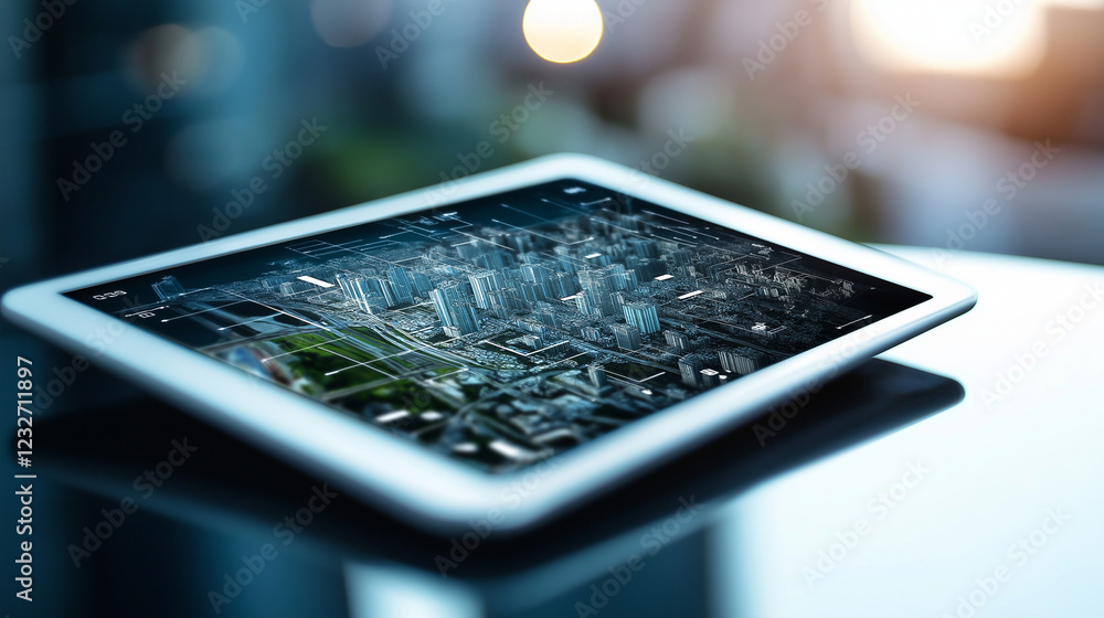 Poster a focused shot of a tablet displaying an interactive map with city landmarks and infrastructure proj