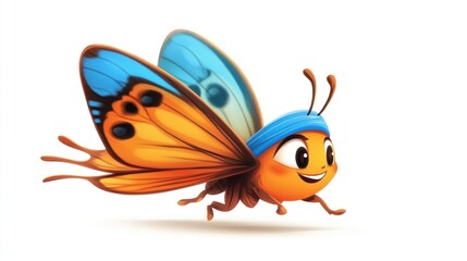 Happy cartoon butterfly flying, white background, children's illustration