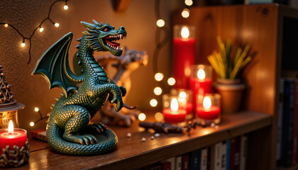 Fototapeta premium Dragon incense holder casting shadows in mystical room, fantasy ambiance