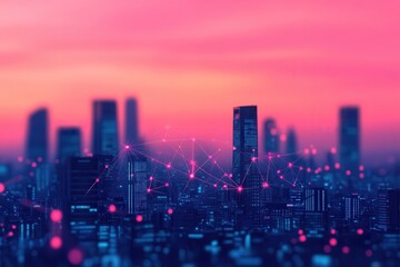 Fototapeta premium Predictive analytics optimizes supply chain management. City skyline at sunset with a vibrant pink and blue color palette.