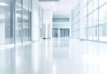 Fototapeta premium Blurred modern office interior with large glass windows and a sleek white floor, creating a clean and spacious atmosphere. This vector illustration serves as a versatile background for business 