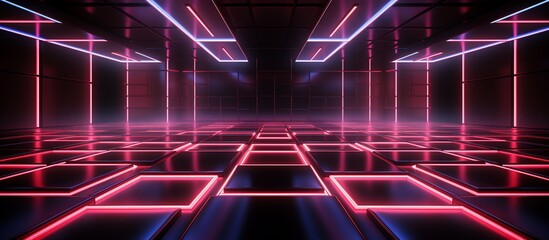Fototapeta premium Futuristic neon-lit room with glowing lines and reflective floor, creating a vibrant atmosphere