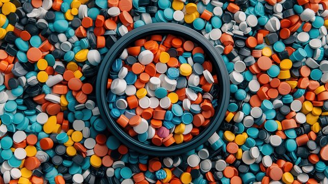Predictive analytics optimizes supply chain management. Colorful plastic pellets arranged around a circular frame.