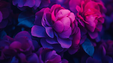 Naklejka premium Vibrant purple and pink flowers bloom in a garden during the late afternoon sunlight