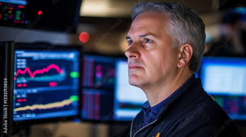 Poster a trader analyzing a stock chart on a monitor, with market trends and prices visible on the screen.