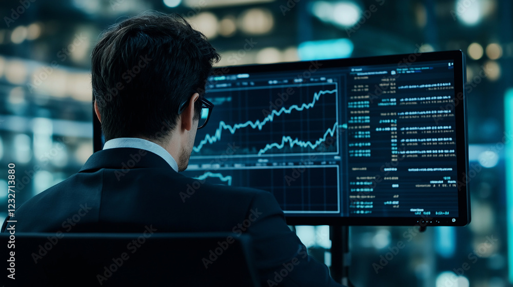 Poster a trader analyzing a stock chart on a monitor, with market trends and prices visible on the screen.