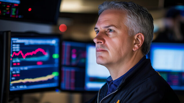 A trader analyzing a stock chart on a monitor, with market trends and prices visible on the screen.