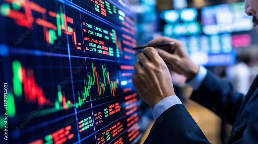 Poster a stock trader viewing live data on a screen, with detailed graphs and charts showing financial tren