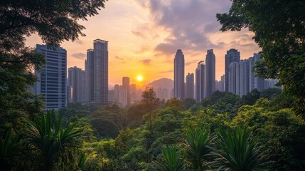 Breathtaking sunset framed by contemporary skyscrapers amidst vibrant greenery and nature s beauty