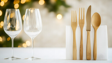 Empty glasses neatly arranged on a restaurant table, ready for use, with a clean and organized presentation, set on a white surface.
