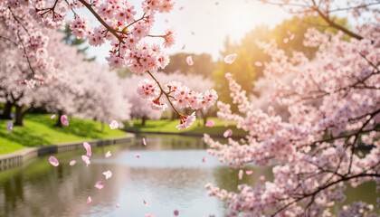 Fototapeta premium Cherry blossoms falling by tranquil pond in spring, natural beauty
