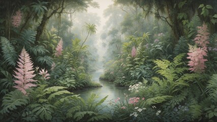 Mystical Jungle River with Lush Greenery and Soft Mist