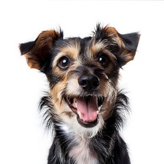 Joyful Terrier Mix Portrait: A charming mixed-breed terrier puppy with a captivating smile, expressive eyes, and a delightful mix of black, brown, and tan fur, looking directly at the camera.