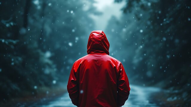 Person in red raincoat under snowfall, symbolizing unpredictable weather.