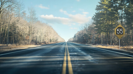Long empty road stretching into horizon with speed limit sign. Traffic regulations and safe driving practices for 55 mph Speed Limit Day