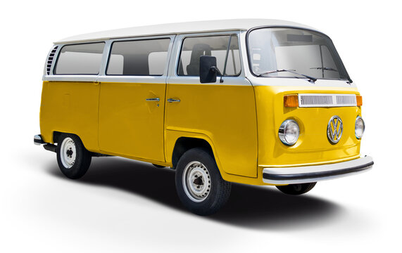 VW Transporter T2 classic van camper with yellow and white color isolated. PNG