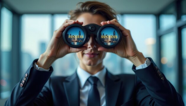 A businessperson uses binoculars to focus on a cityscape representing success, symbolizing ambition and future goals.
