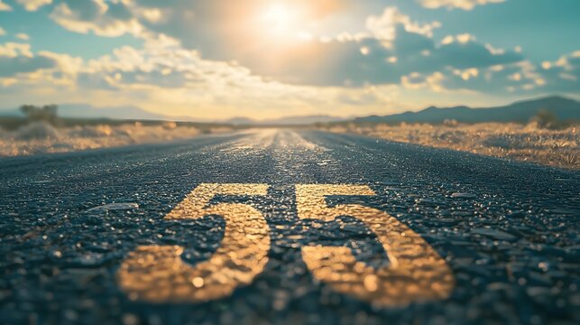 High-speed highway scene with illuminated 55 mph marking. Road safety awareness, speed limits and transportation regulations