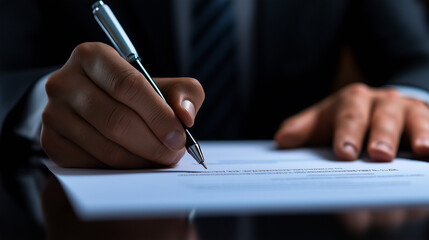 A businessman signing an agreement, with a laptop and financial documents spread across the table.