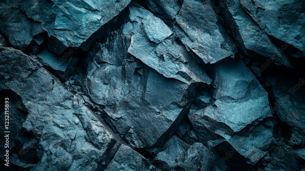 Poster dark textured rocks displaying intricate patterns and shades of blue in natural light