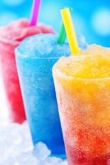 Colorful frozen slush drinks with straws. Image for smoothie bar advertising and menu. 