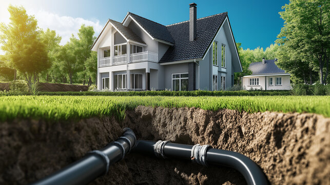 A detailed diagram of a house with underground plumbing pipes, showcasing water flow paths and waste management systems.