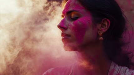 Fototapeta premium Serene Woman Covered in Pink Holi Powder