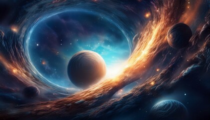 time travel wormhole concept in space with planets with atmosphere and universe; astronomy, fantastic scene, composite image