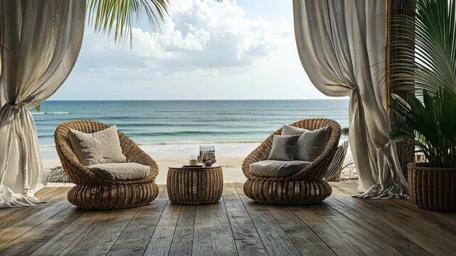 Cozy beachfront seating area with ocean view and tropical decor at midday