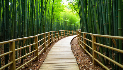 Obraz premium Serene wooden footpath winding through vibrant bamboo forest, tranquility