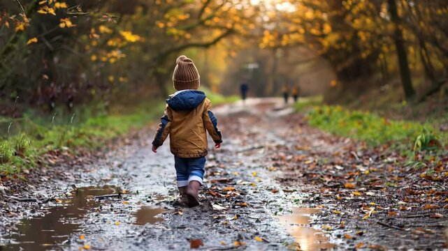 Child walking along autumn path with boots. 4k video footage

