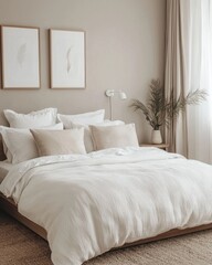 A serene bedroom featuring a cozy bed with neutral-toned pillows and a soft duvet, complemented by minimalistic decor and natural elements.
