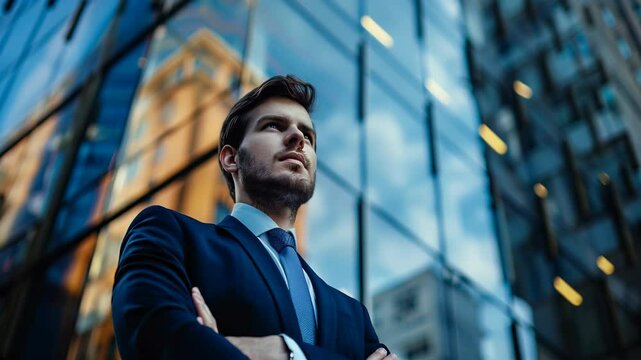 Businessman in front of modern office building with reflections. 4k video footage

